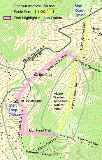 Trail map of hike route to Alpine Garden on Mount Washington (map by Webmaster)