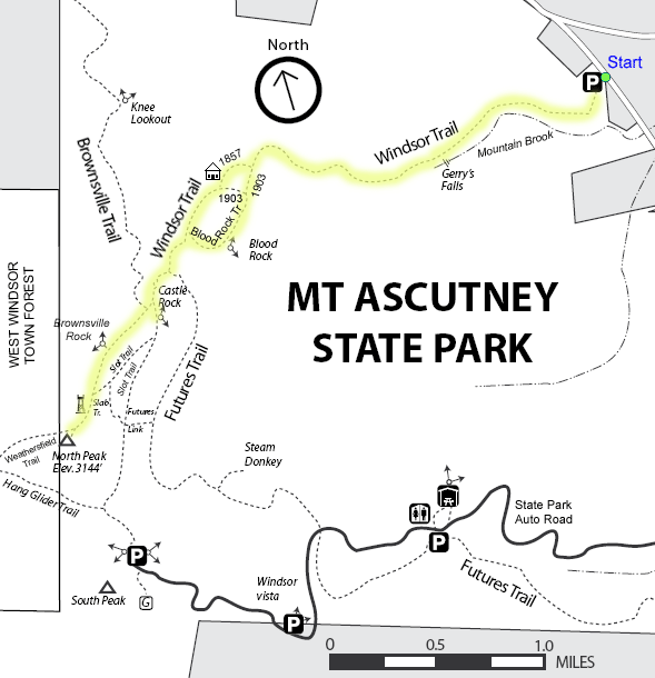 Map of hike route on Mt. Ascutney (map courtesy of Vermont Forests, Parks, and Recreation)