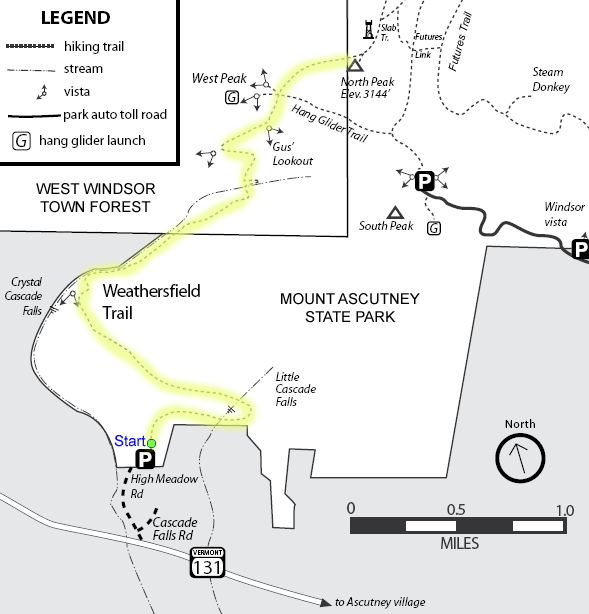 Map of hike route on Mt. Ascutney (map courtesy of Vermont Forests, Parks, and Recreation)