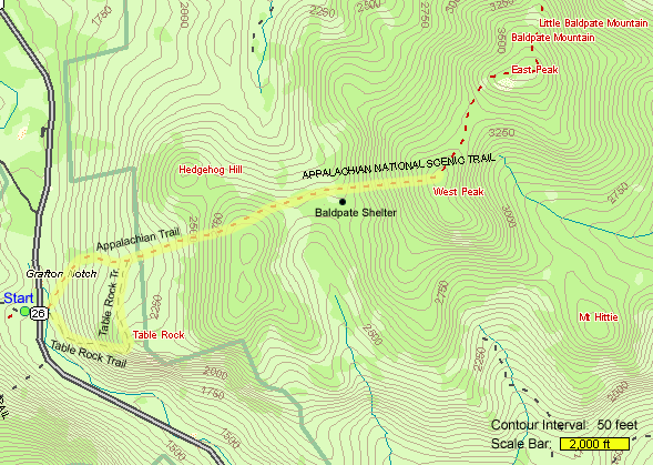 Map of hike route to Table Rock and West Peak of Baldpate Mountain (map by Webmaster)