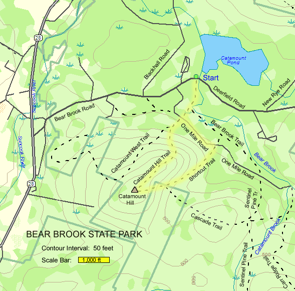 Trail map of hike route to Catamount Hill in Bear Brook State Park (map by Webmaster)
