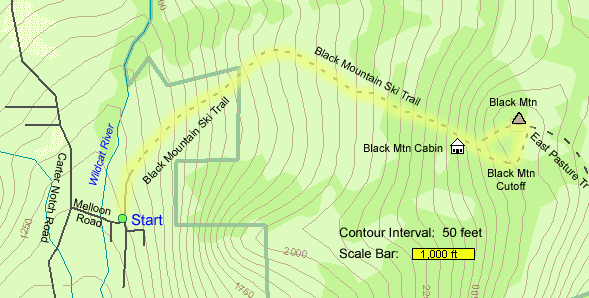 Trail map of hike route to Black Mountain (map by Webmaster)