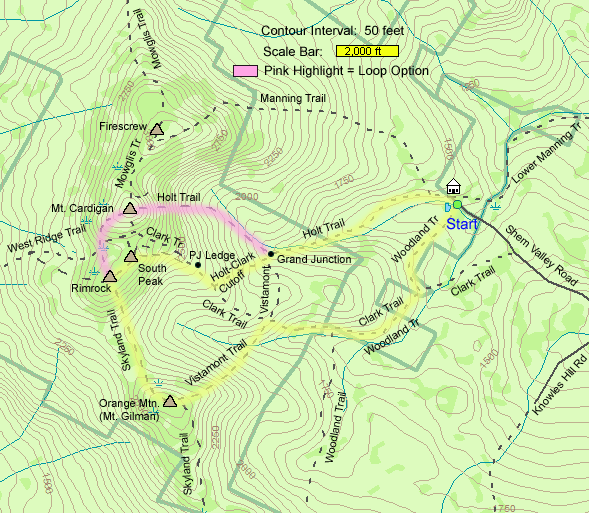 Trail map of hike route to Orange Mtn., Rimrock, South Peak, and Mt. Cardigan (map by Webmaster)