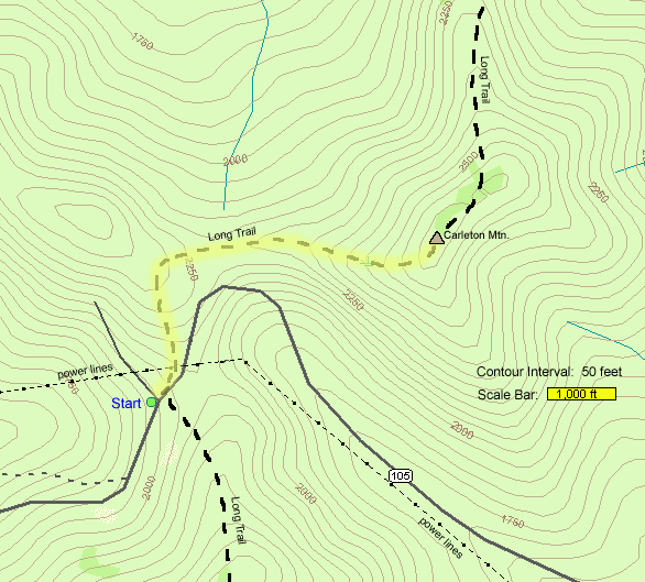 Map of hike route to Carleton Mountain (map by Webmaster)
