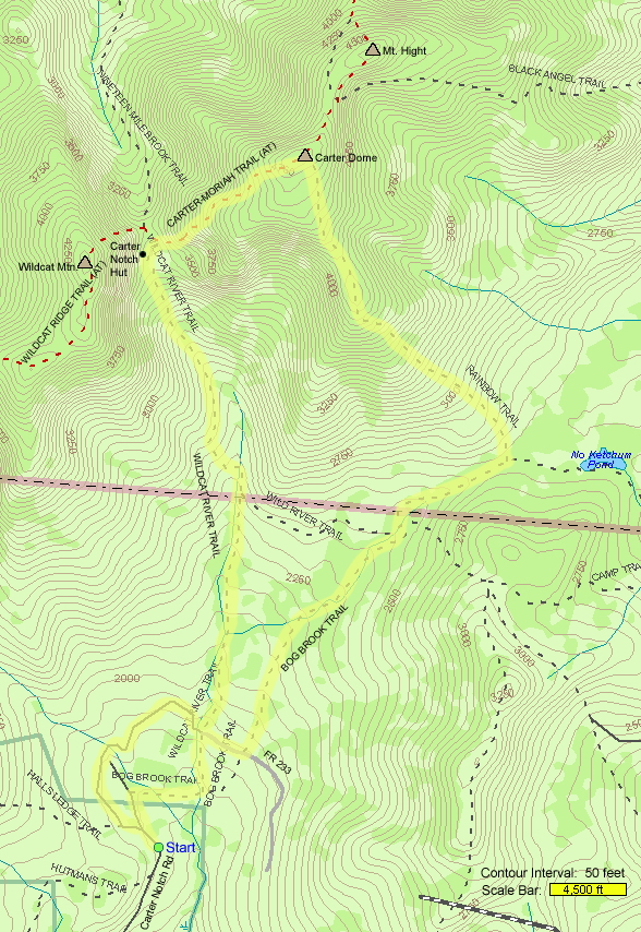 Map of hike route to Carter Dome (map by Webmaster)