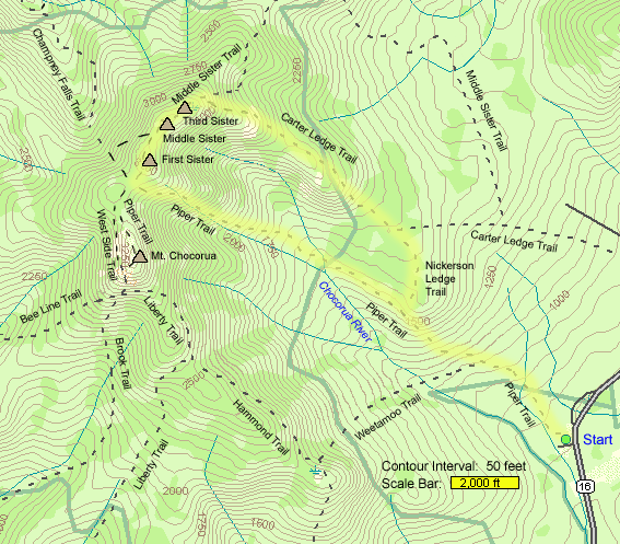 Map of hike route to Carter Ledge and the Three Sisters (map by Webmaster)
