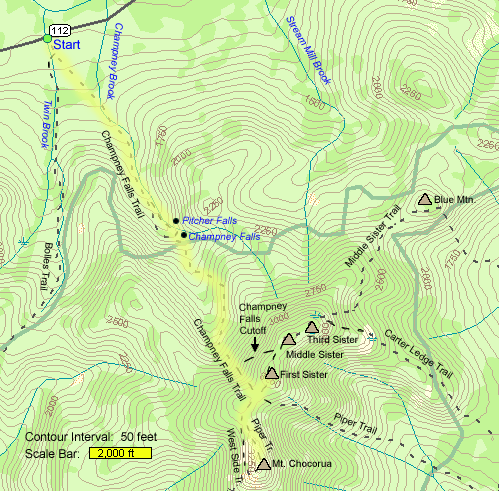 Trail map of hike route to Mt. Chocorua, First Sister, Pitcher Falls, and Champney Falls (map by Webmaster)