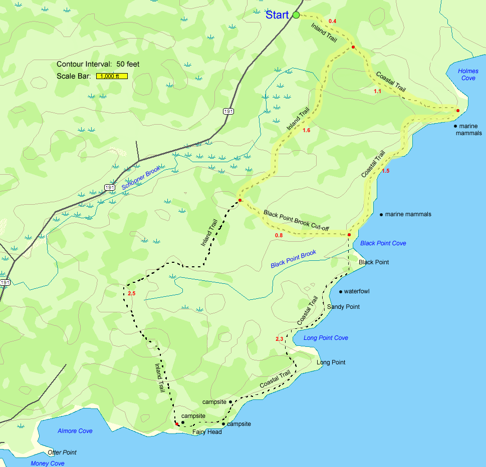 Trail map of hike route to Cutler Coast Preserve's Bold Coast (map by Webmaster)