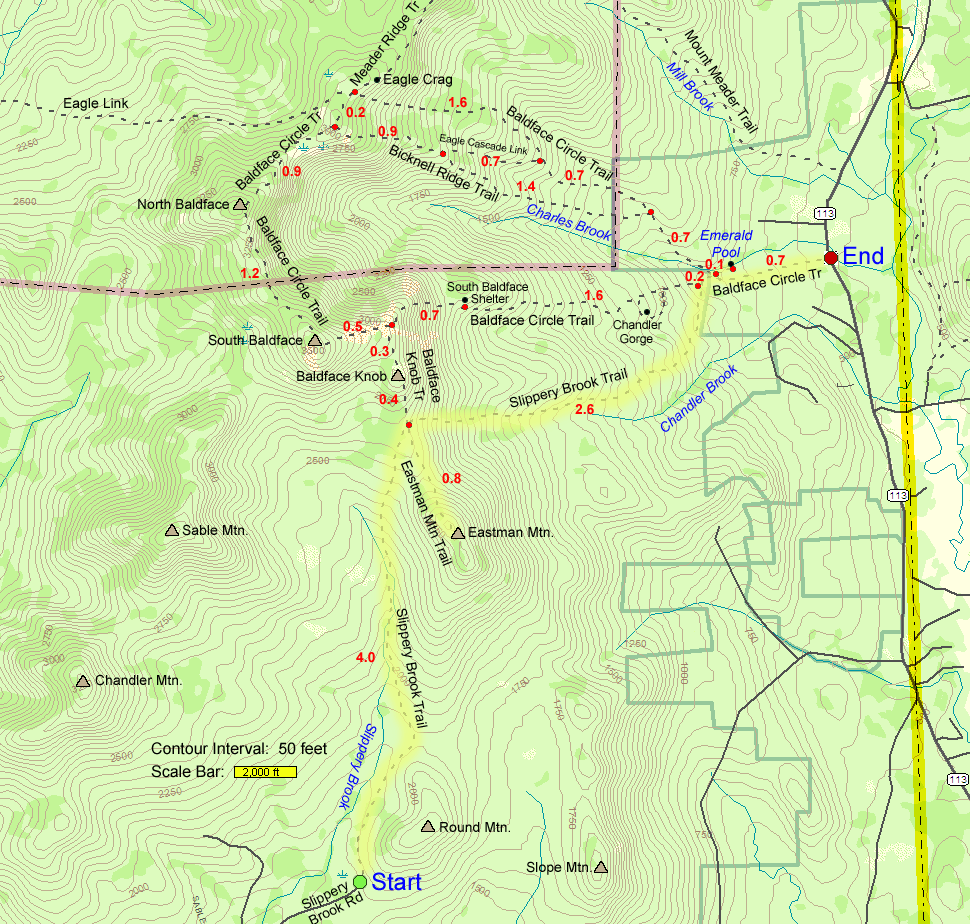 Trail map of hike route to Eastman Mtn. and Emerald Pool via Slippery Brook Trail (map by Webmaster)
