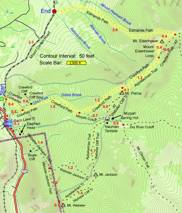 Map of hike route to Mt. Pierce and Mt. Eisenhower (map by Webmaster)