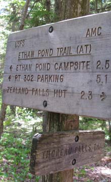 Trail sign at the junction of Ethan Pond Trail and Thoreau Falls Trail (photo by Mark Malnati)