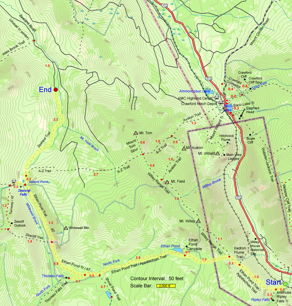 Trail map of hike route to Ethan Pond, Thoreau Falls, Zealand Notch, Zealand Falls Hut, Whitewall Brook Outlook, AMC Zealand Falls Hut, Zealand Falls, and Zealand Pond (map by Webmaster)
