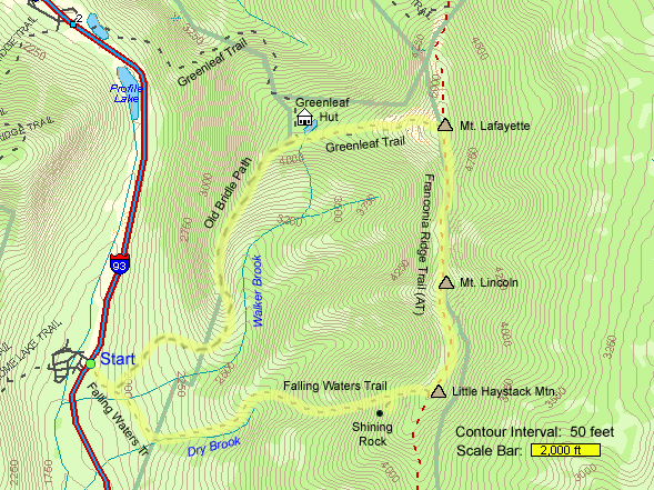 Map of hike route on Franconia Ridge to Little Haystack Mtn., Mt. Lincoln, and Mt. Lafayette (map by Webmaster)