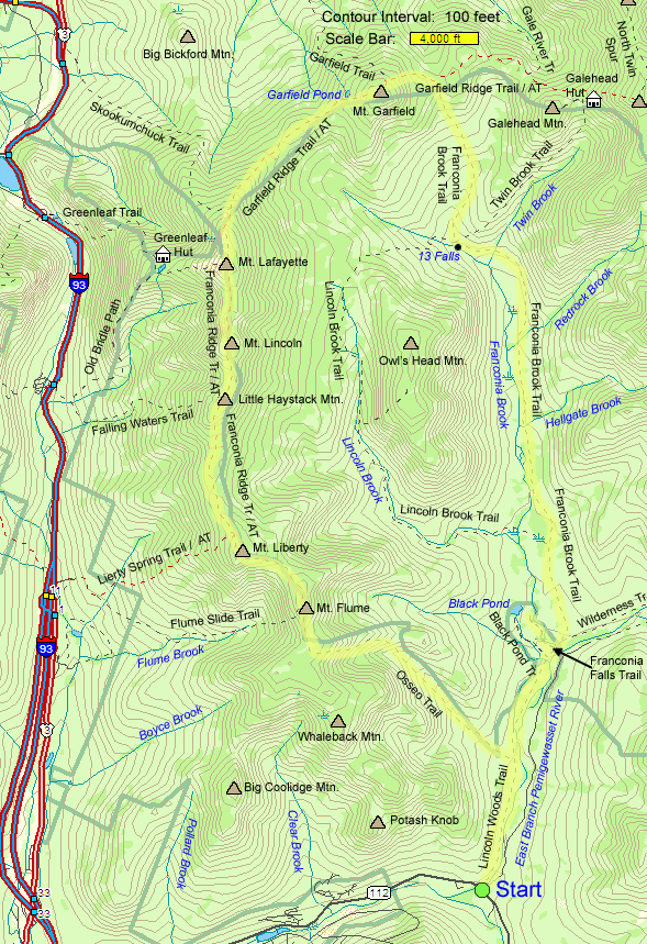 Trail map of hike route in the Pemigewasset Wilderness hike to Franconia Falls, 13 Falls, Mt. Garfield, Mt. Lafayette, Mt. Lincoln, Little Haystack Mountain, Mt. Liberty, and Mt. Flume (map by Webmaster)