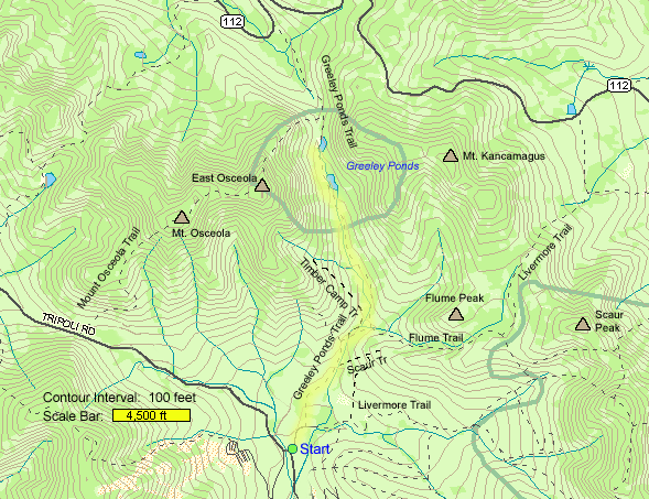 Trail map of hike route to Greeley Ponds (map by Webmaster)