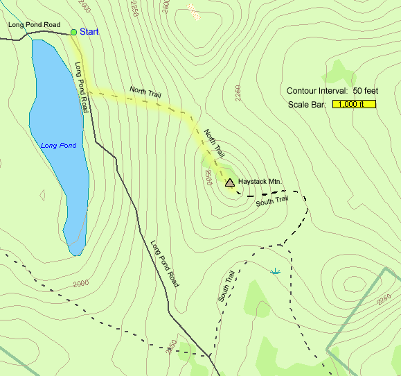 Map of hike route to Haystack Mountain (map by Webmaster)