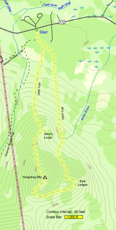 Trail map of hike route to Hedgehog Mountain (map by Webmaster)
