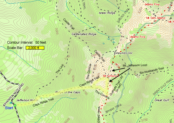 Map of hike route to Mt. Jefferson (map by Webmaster)