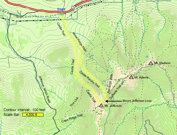 Map of hike route to Mt. Jefferson (map by Webmaster)