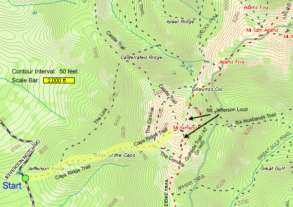 Trail map of hike route to Mount Jefferson (map by Webmaster)