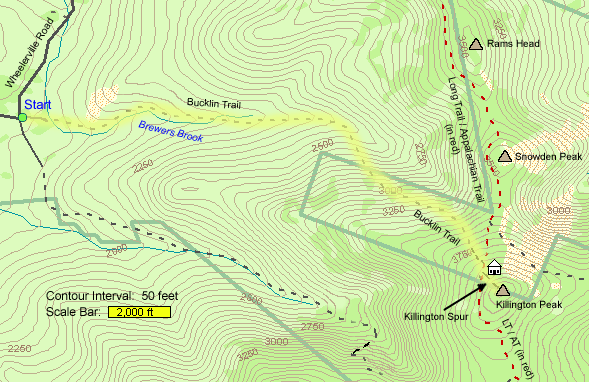 Map of hike route to Killington Peak (map by Webmaster)
