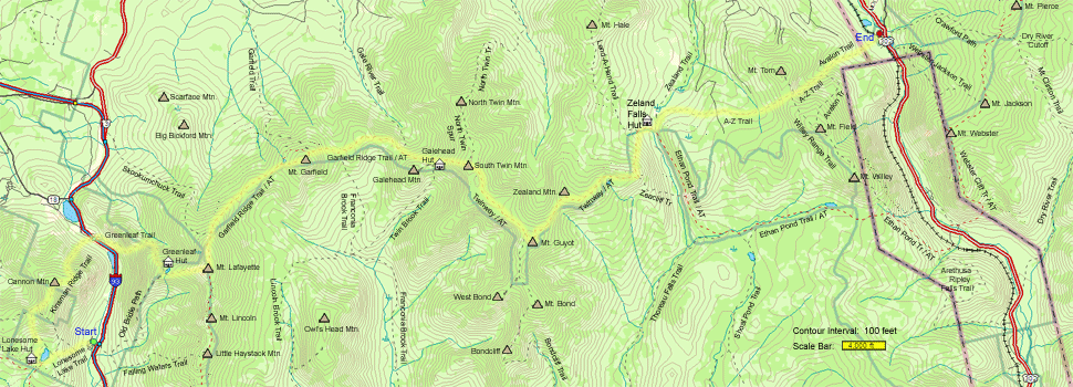 Trail map of hike route on 5-day backpack to Cannon, Lafayette, Garfield and beyond (map by Webmaster)