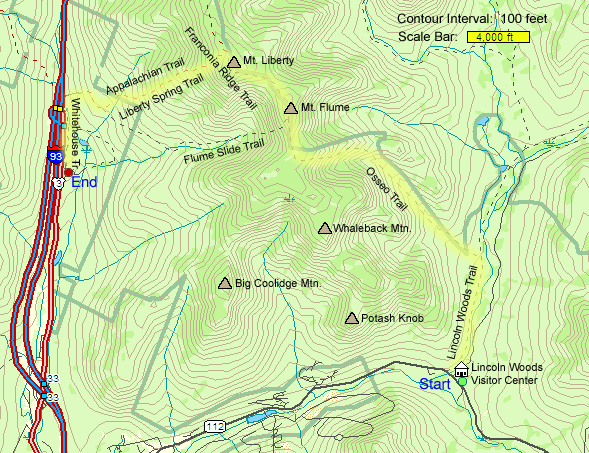 Trail map of hike route to Mount Flume and Mount Liberty (map by Webmaster)