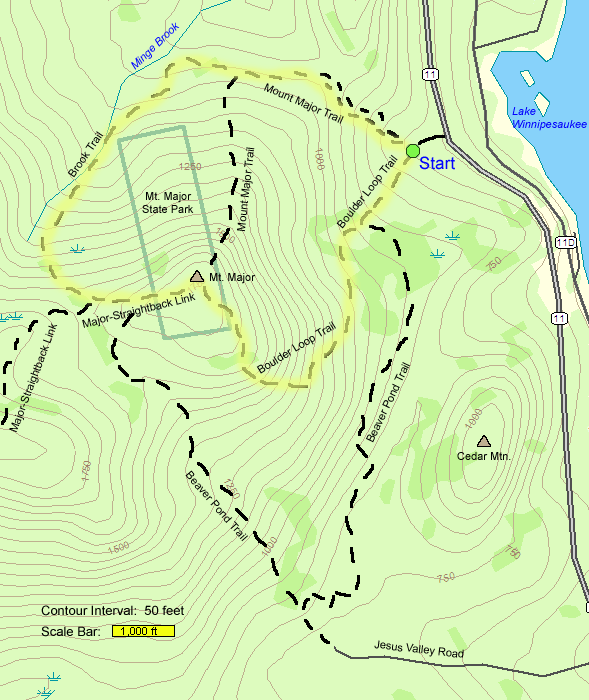 Trail map of hike route to Mount Major (map by Webmaster)