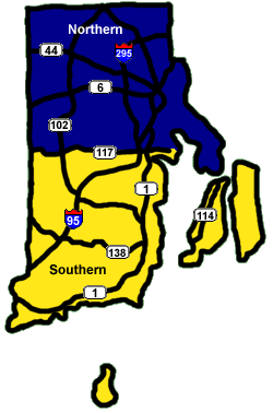 Map of Rhode Island regions and highways (map by Webmaster)