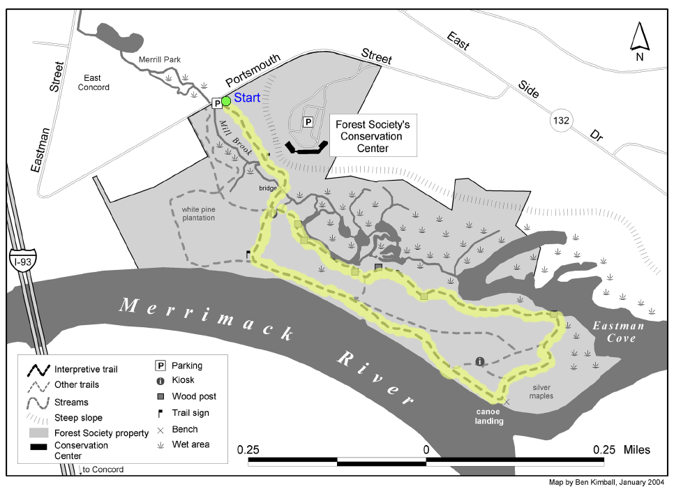 Trail map of hike route at the Merrimack River Outdoor Education and Conservation Center (map by Ben Kimball)