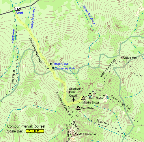 Map of hike route to Middle Sister, Champney Falls, and Pitcher Falls (map by Webmaster)