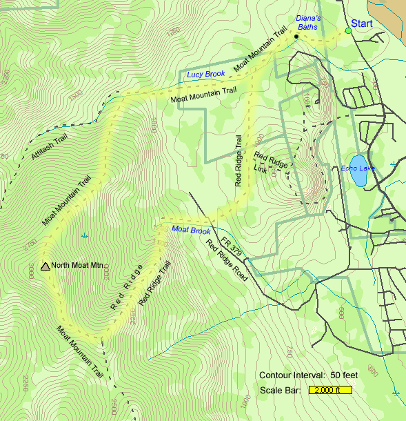 Trail map of loop hike up Red Ridge and across North Moat Mountain and to Diana's Baths (map by Webmaster)
