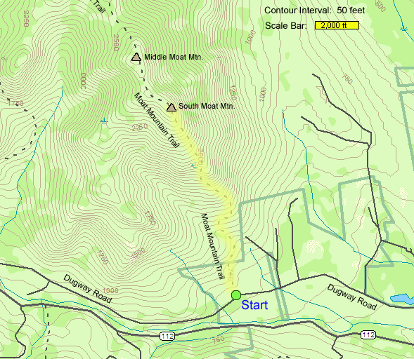 Trail map of hike route to South Moat Mountain (map by Webmaster)