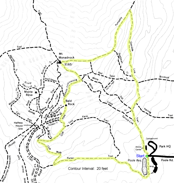 Map of hike route on Mt. Monadnock. (map courtesy of Monadnock State Park)