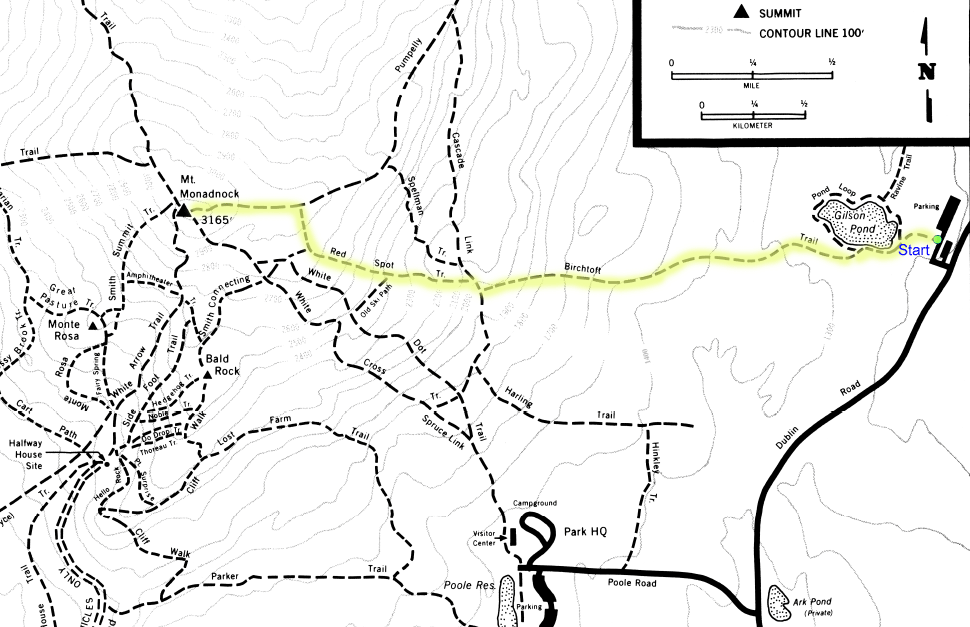 Trail map of hike route to Mt. Monadnock (map courtesy of Monadnock State Park)