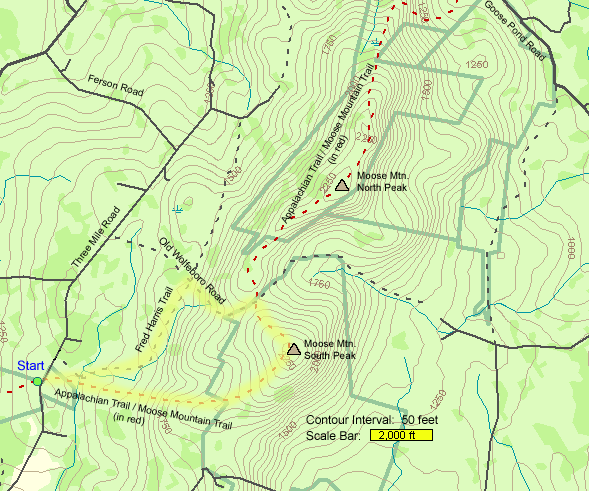 Map of hike route to Moose Mountain (map by Webmaster)
