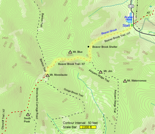 Map of hike route to Mount Moosilauke (map by Webmaster)