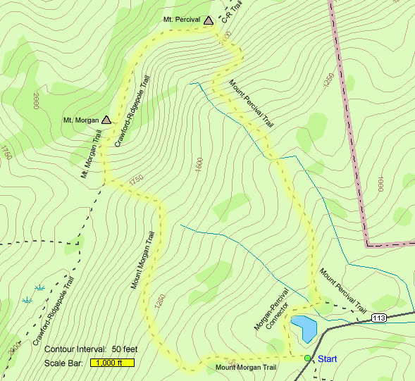 Trail map of hike route to Mount Morgan and Mount Percival (map by Webmaster)
