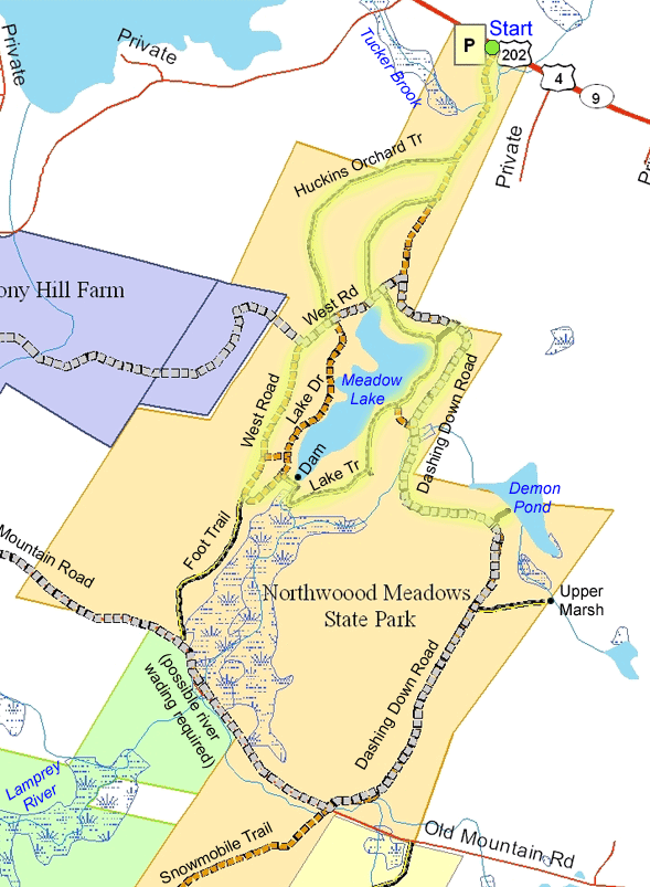 Trail map of hike route to Meadow Lake and Demon Pond at Northwood Meadows State Park (map courtesy of NH State Parks and Northwood Area Land Management Collaborative)