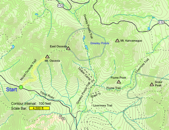 Trail map of hike route to Mount Osceola (map by Webmaster)