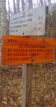 Trail signs at the junction of Greeley Ponds Trail and Mount Osceola Trail (photo by Bill Mahony)