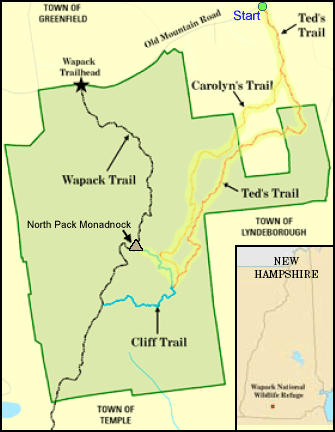 Map of North Pack Monadnock trails and hiking route (map courtesy of Wapack National Wildlife Refuge)