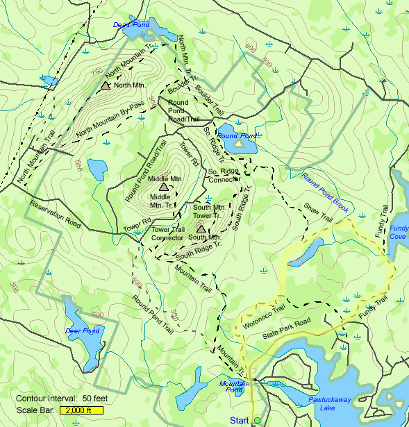 Map of approximate hike route at Pawtuckaway State Park (map by Webmaster)