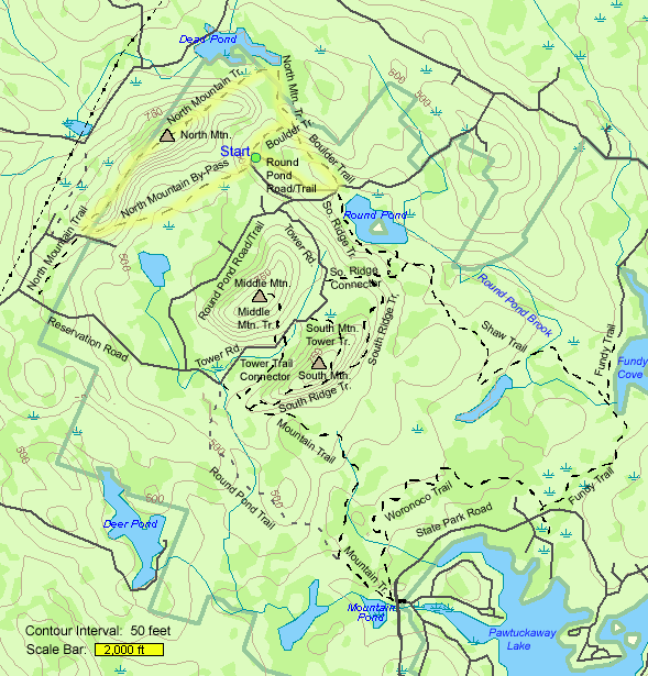 Map of hike route to North Mountain in Pawtuckaway State Park (map by Webmaster)