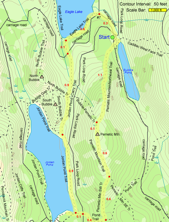 Trail map of hike route to Pemetic Mtn., Jordan Pond, Eagle Lake, and Bubble Pond at Acadia National Park (map by Webmaster)