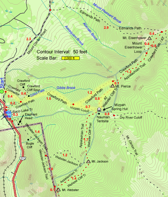 Trail map of hike route to Mt. Pierce and Mizpah Spring Hut (map by Webmaster)