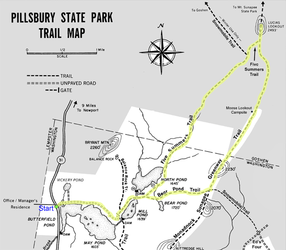 Trail map of hike route to Lucia's Lookout (map courtesy of Pillsbury State Park)
