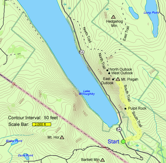 Trail map of hike route to Mount Pisgah in Vermont (map by Webmaster)