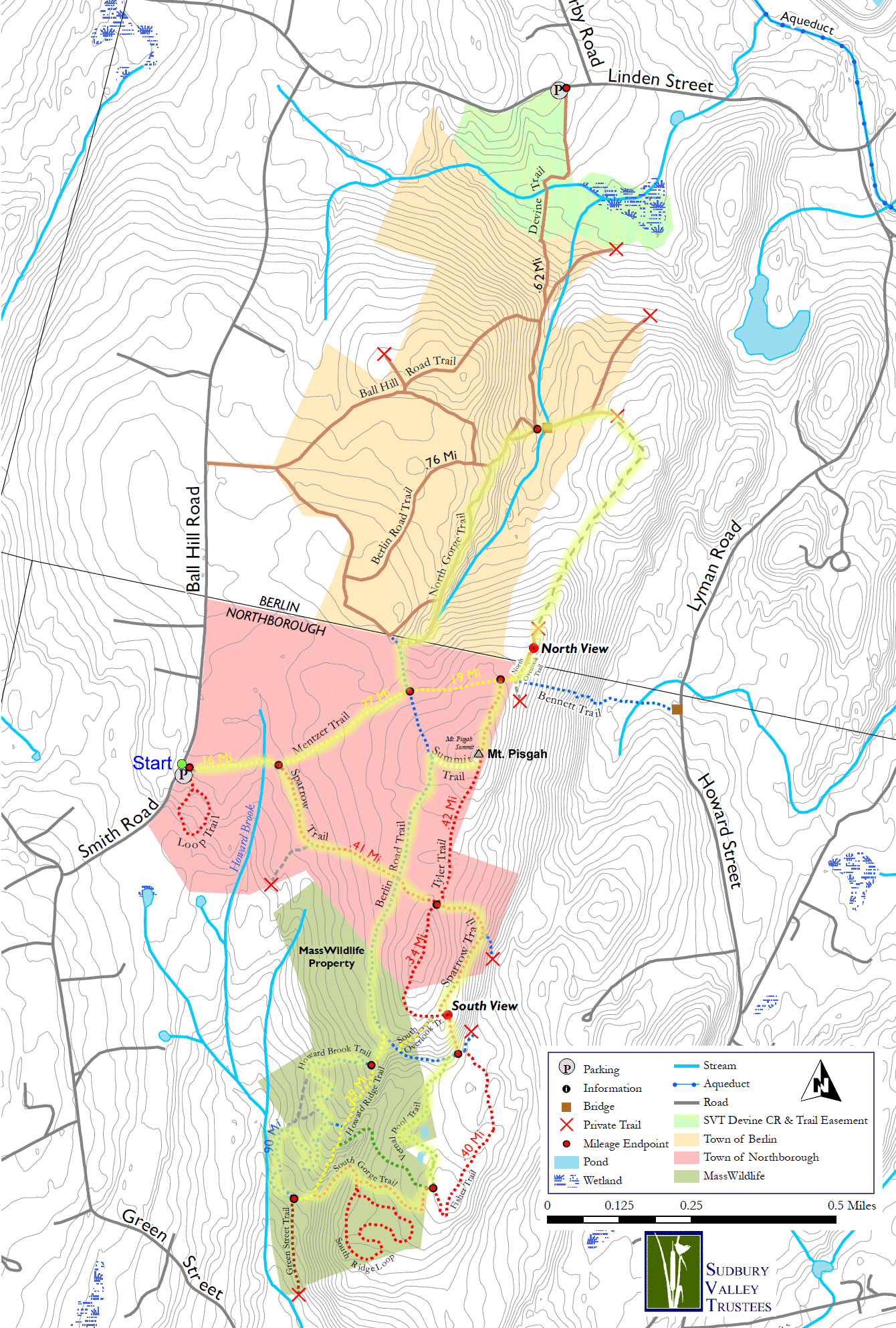 Trail map of hike route to Mt. Pisgah in Northborough and Berlin, MA (map courtesy of Sudbury Valley Trustees)