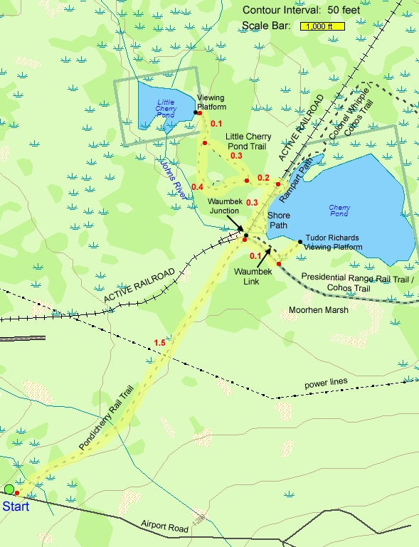Trail map of hike route to Cherry Pond and Little Cherry Pond from Pondicherry Rail Trail (map by Webmaster)